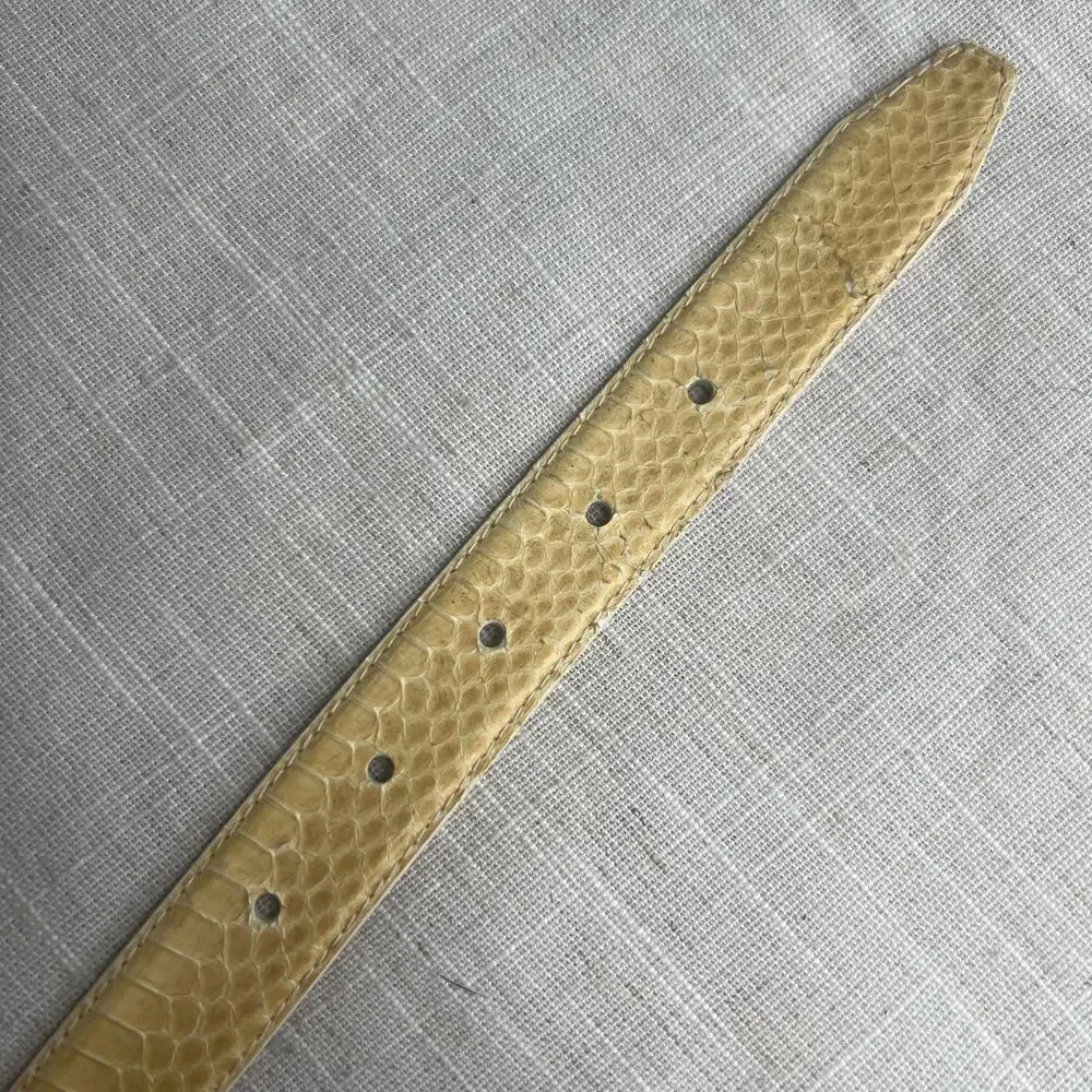 Vintage 80s Beige Snakeskin Leather Belt Size Medium Gold Buckle Classic